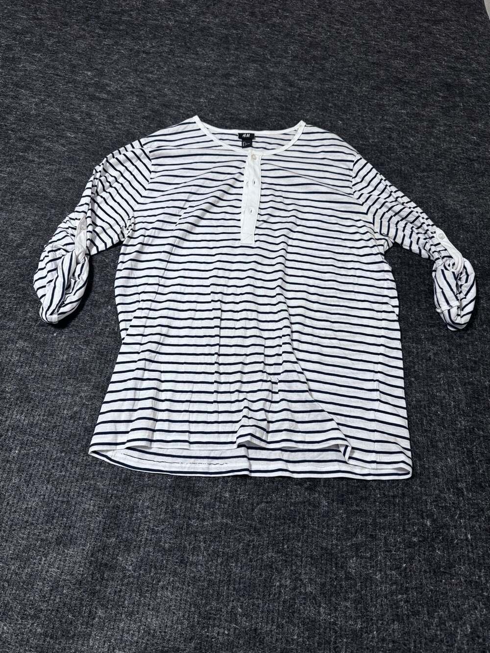 H&M Striped Henley Shirt Womens Size Large White Blue - Picture 1 of 10